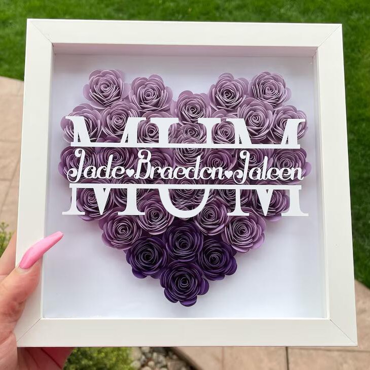 Personalised Mum Heart Flower Shadow Box With Kids Name For Mother's Day Birthday