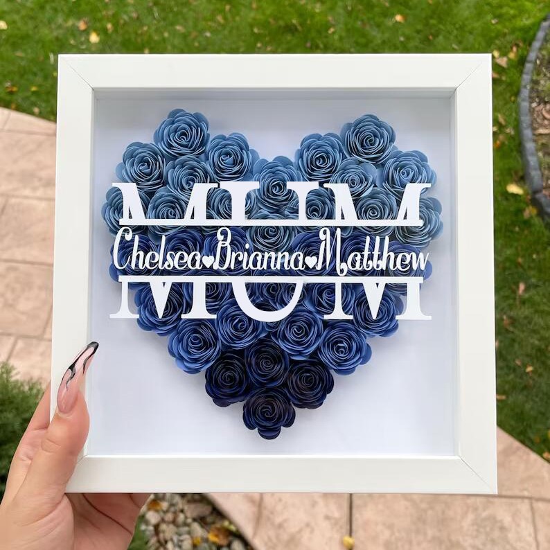 Personalised Mum Heart Flower Shadow Box With Kids Name For Mother's Day Birthday