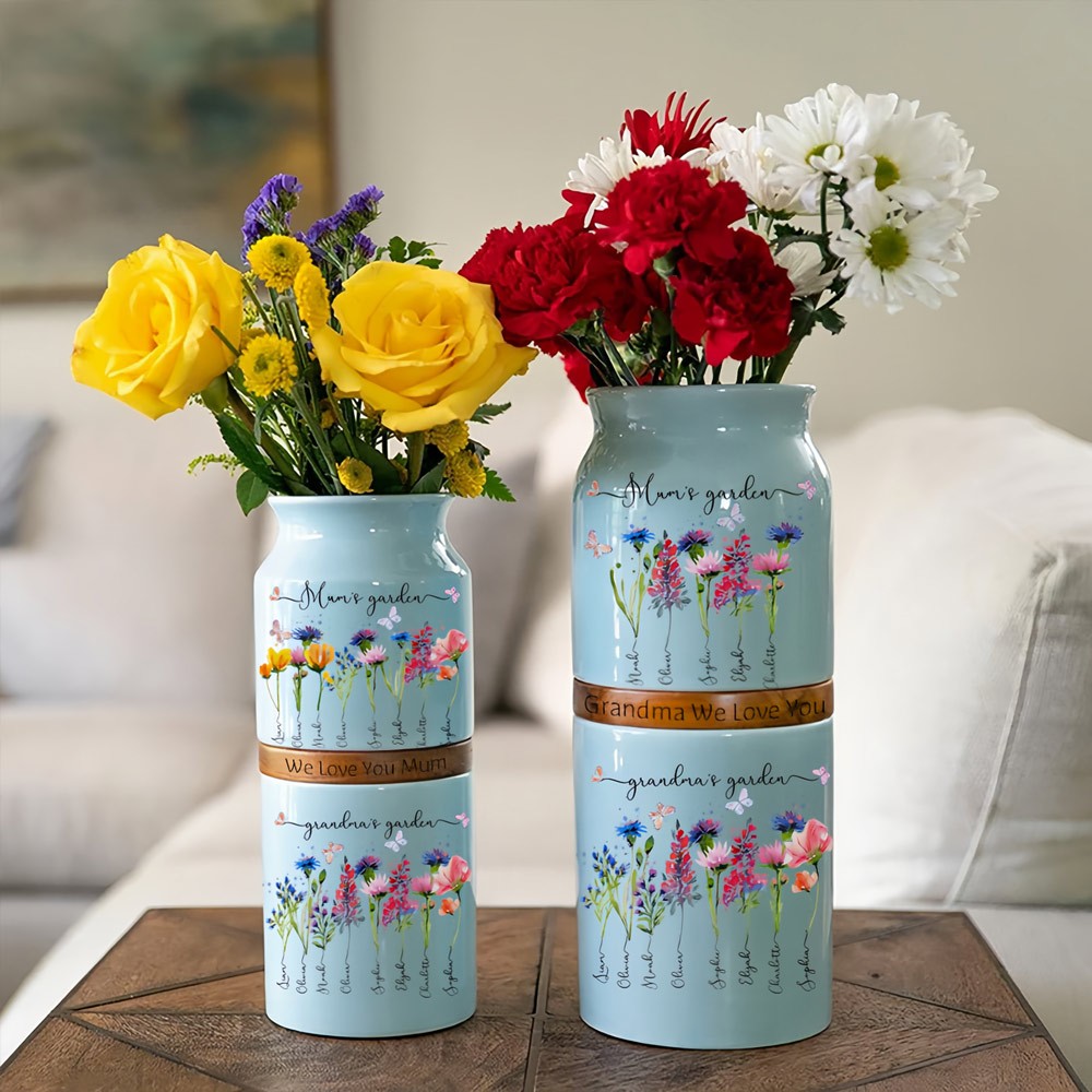 Personalised Grandma's Garden Outdoor Flower Vase With Grandkids Name and Birth Flower Ideal Gifts for Grandma, Mum or any Loved one!