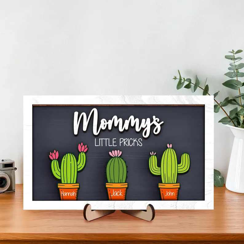 Customize Mom's Cactus Family Photo Frame with Your Child's Name