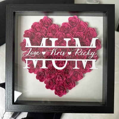 Personalised Mum Heart Flower Shadow Box With Kids Name For Mother's Day Birthday
