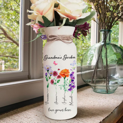 Personalised Grandma's Garden Outdoor Flower Vase With Grandkids Name and Birth Flower Ideal Gifts for Grandma, Mum or any Loved one!